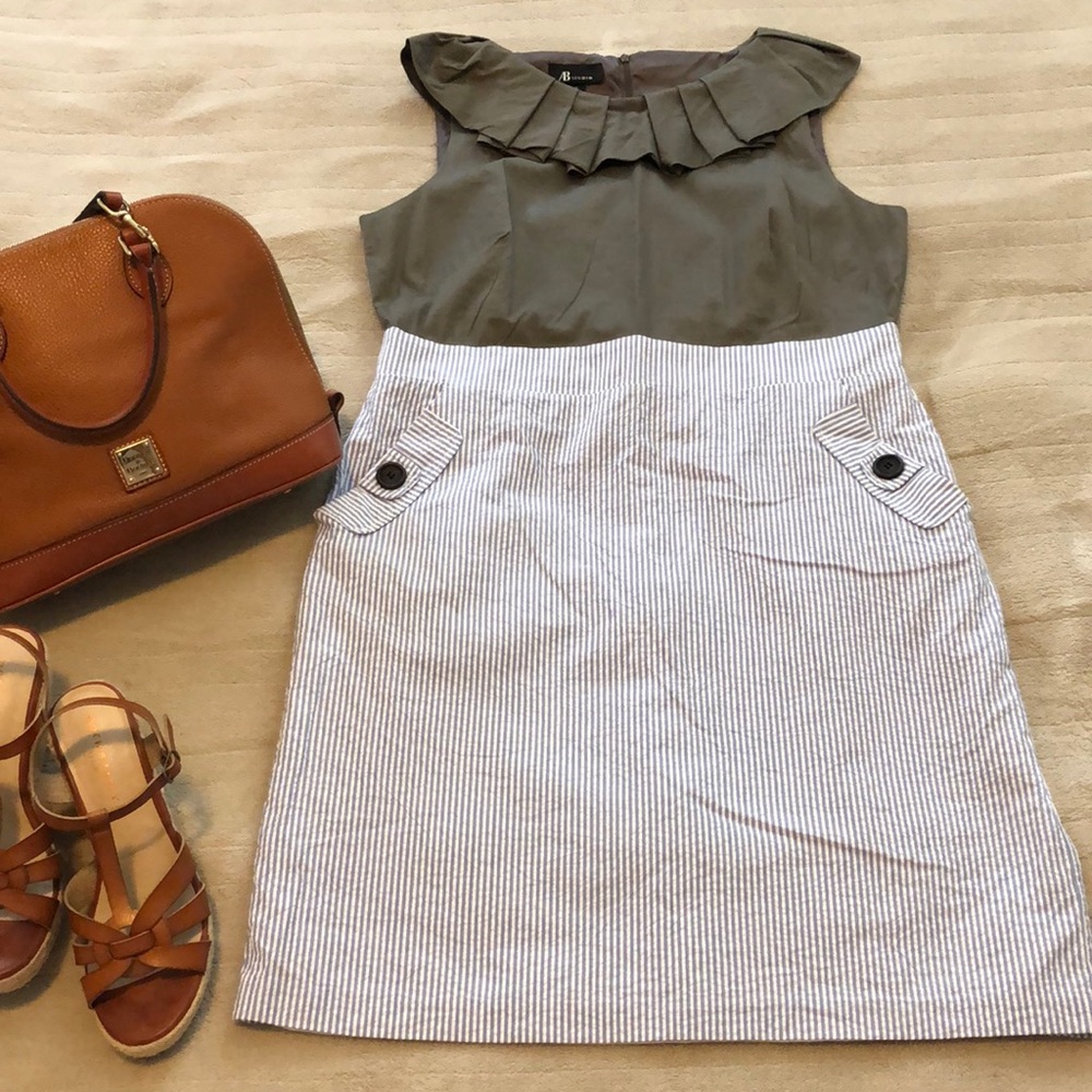 AB STUDIO Dark Grey, Blue & White Stripe Dress